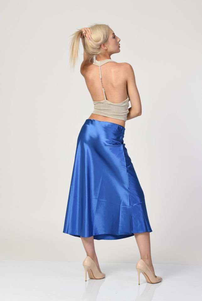 Big Dart Yüksek Bel Saten Etek  - Mavi