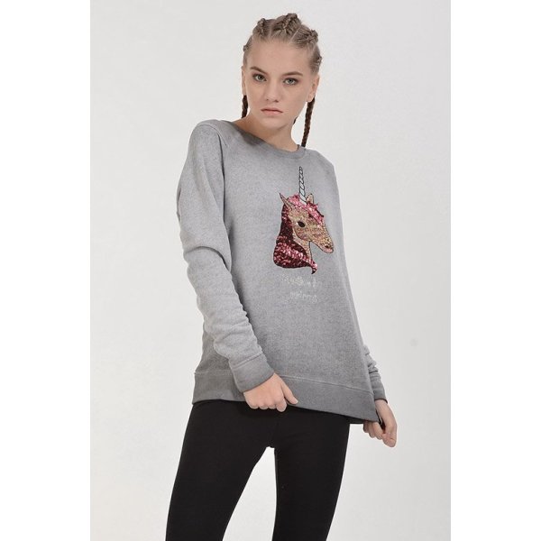 Cotton Candy Unicorn Pul İşlemeli Kadın Sweatshirt - Füme