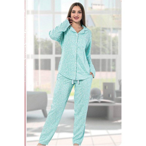 Çiçek Desenli Kadın Pijama Takımı 5590-14 Mavi-Beyaz