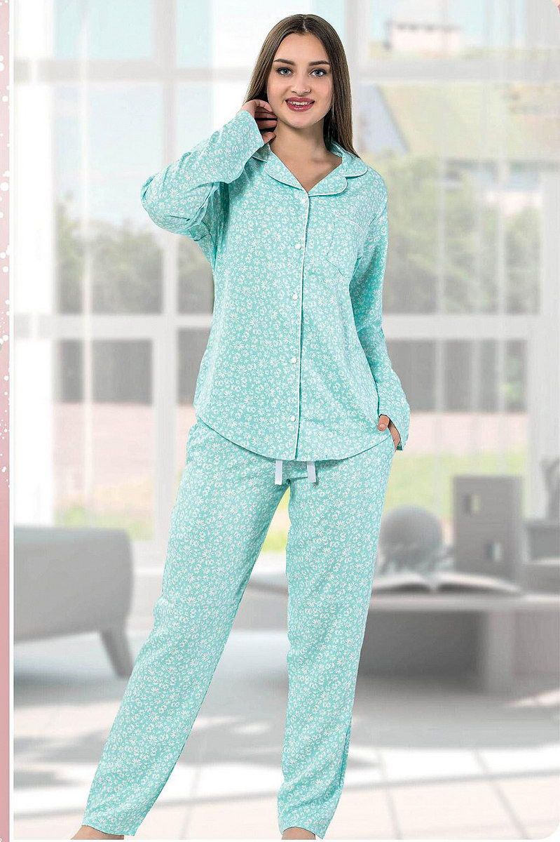 Çiçek Desenli Kadın Pijama Takımı 5590-14 Mavi-Beyaz