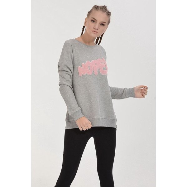 Cotton Candy Nope Kabartmalı Kadın Sweatshirt - Gri Melanj