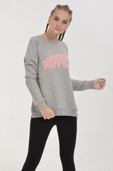 Cotton Candy Nope Kabartmalı Kadın Sweatshirt - Gri Melanj