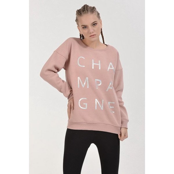 Cotton Candy Champagne Gümüş Baskılı Kadın Sweatshirt - Pudra