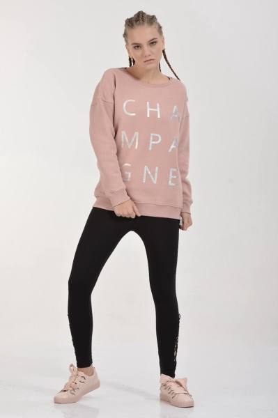 Cotton Candy Champagne Gümüş Baskılı Kadın Sweatshirt - Pudra