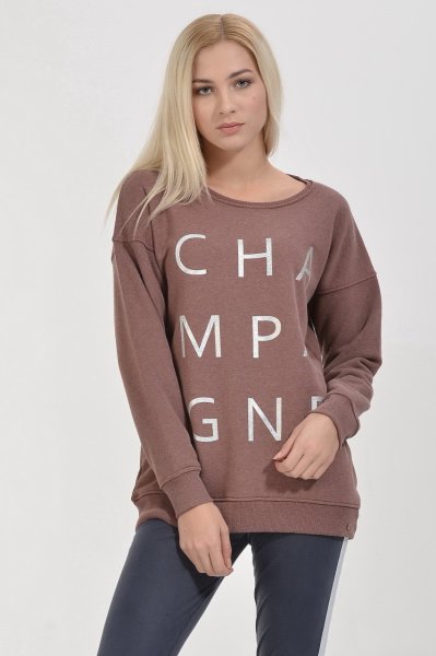 Cotton Candy Champagne Gümüş Baskılı Kadın Sweatshirt - Kızıl Melanj