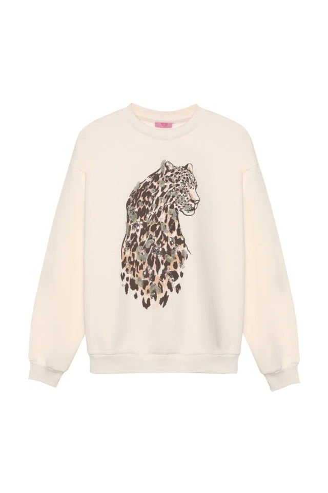 Quzu Leopar Detaylı Sweatshirt  - Bej