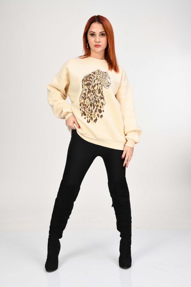 Quzu Leopar Detaylı Sweatshirt  - Bej
