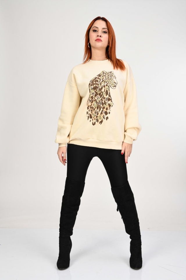 Quzu Leopar Detaylı Sweatshirt  - Bej