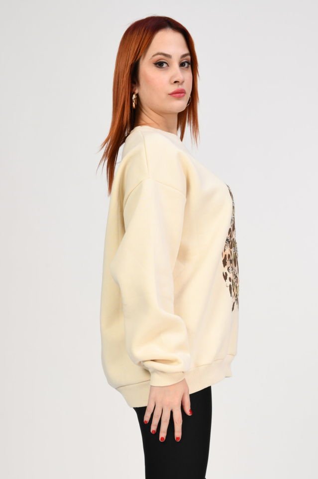 Quzu Leopar Detaylı Sweatshirt  - Bej