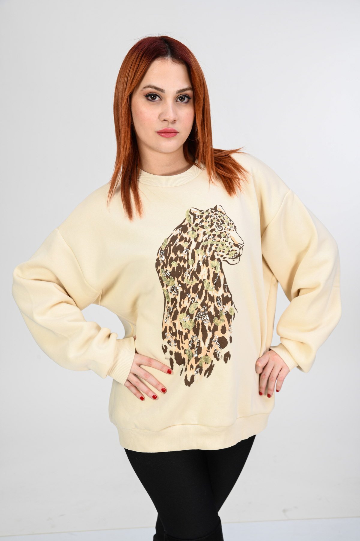 Quzu Leopar Detaylı Sweatshirt  - Bej