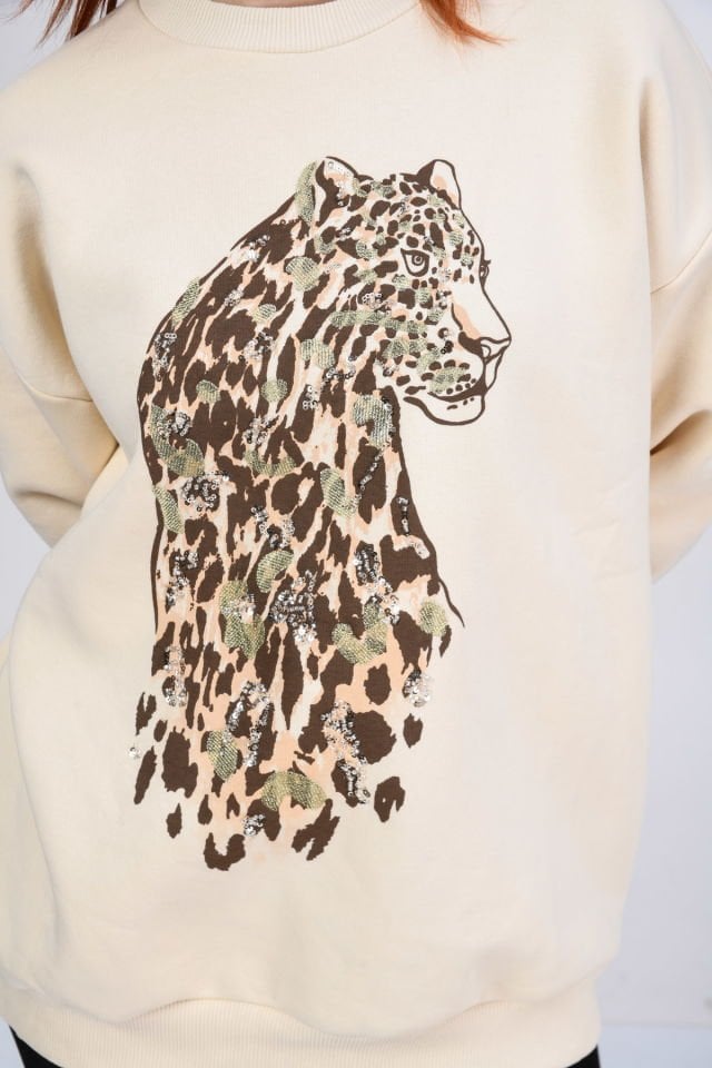 Quzu Leopar Detaylı Sweatshirt  - Bej