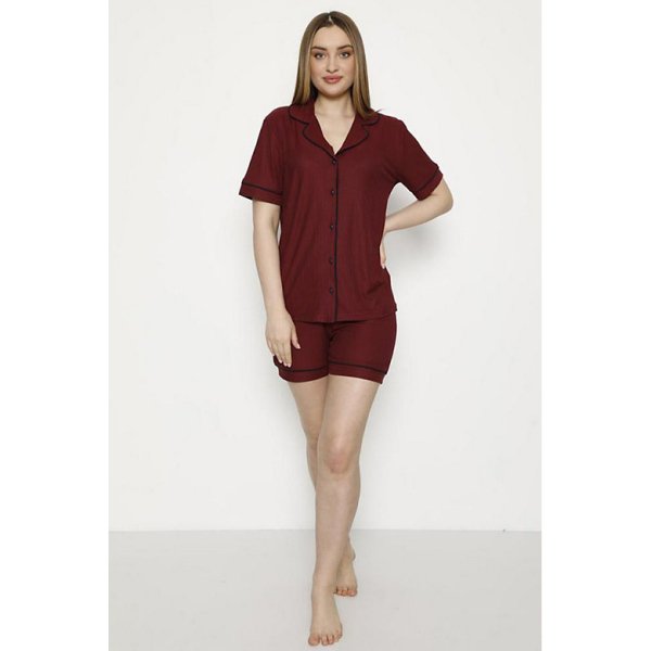 Gömlek Yaka Viskon Kadın Kadın Pijama Takımı 8810-6  - Bordo