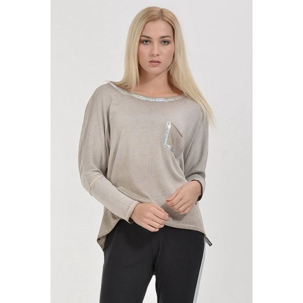 Cotton Candy Folyo Kontürlü Soft Triko Görünümlü Uzun Kol Kadın T-Shirt - Toprak
