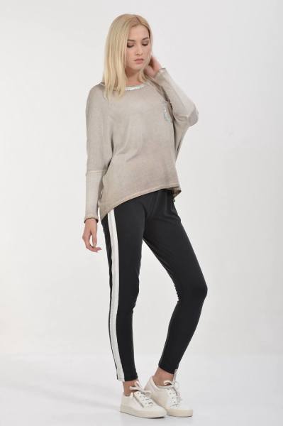 Cotton Candy Folyo Kontürlü Soft Triko Görünümlü Uzun Kol Kadın T-Shirt - Toprak
