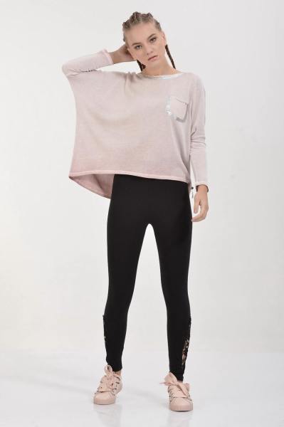 Cotton Candy Folyo Kontürlü Soft Triko Görünümlü Uzun Kol Kadın T-Shirt - Pudra