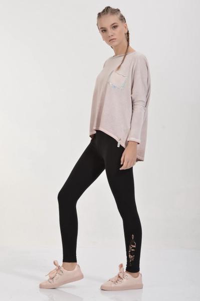 Cotton Candy Folyo Kontürlü Soft Triko Görünümlü Uzun Kol Kadın T-Shirt - Pudra