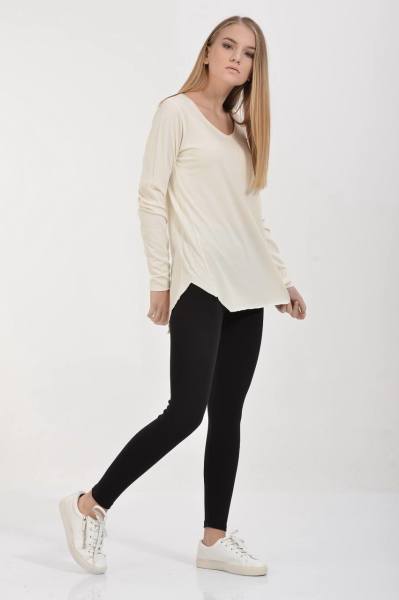 Cotton Candy Basic V Yaka Uzun Kol Kadın T-Shirt - Krem