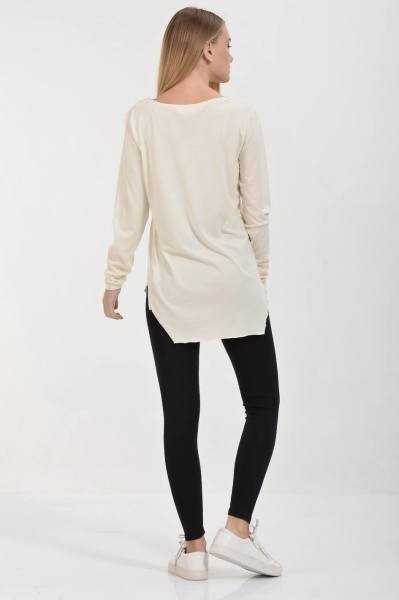 Cotton Candy Basic V Yaka Uzun Kol Kadın T-Shirt - Krem