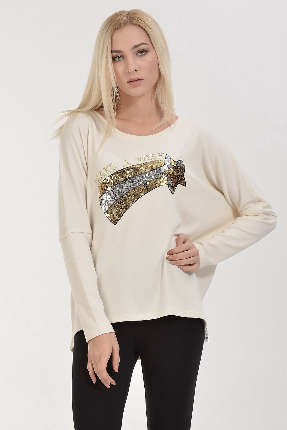Cotton Candy Pul İşlemeli Uzun Kol Kadın T-Shirt - Krem Melange