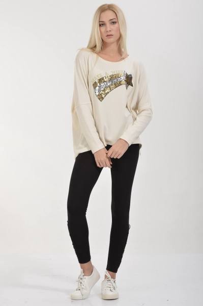 Cotton Candy Pul İşlemeli Uzun Kol Kadın T-Shirt - Krem Melange