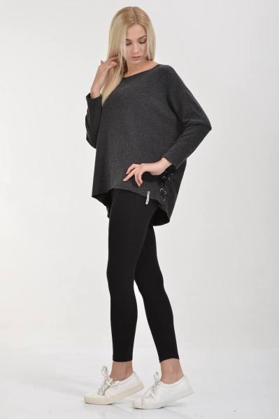 Cotton Candy Bağcıklı Model Uzun Kol Kadın T-Shirt - Siyah