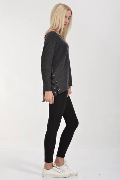 Cotton Candy Bağcıklı Model Uzun Kol Kadın T-Shirt - Siyah