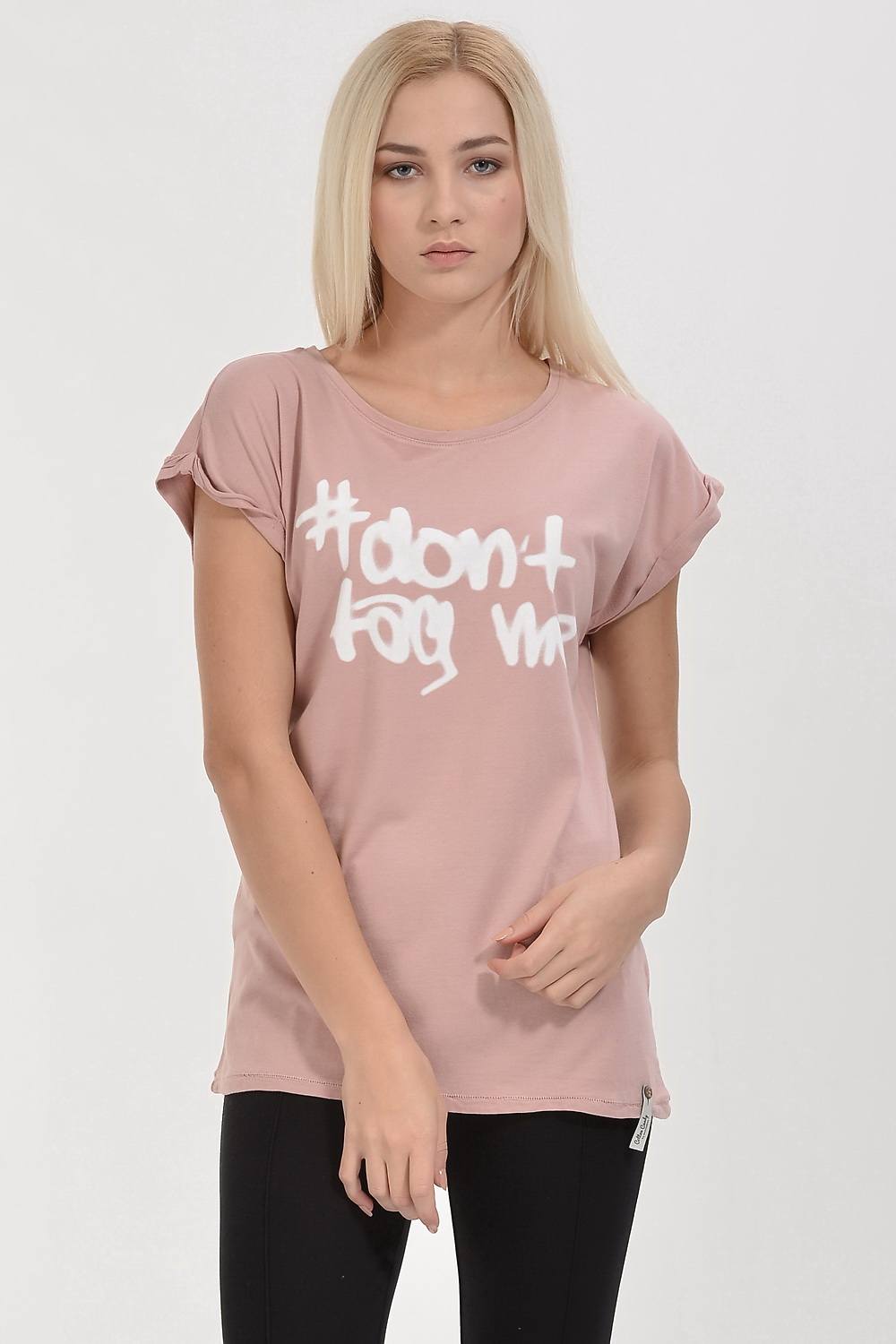 Cotton Candy #Don'T Tag Me Baskılı Kısa Kol Kadın T-Shirt - Pudra