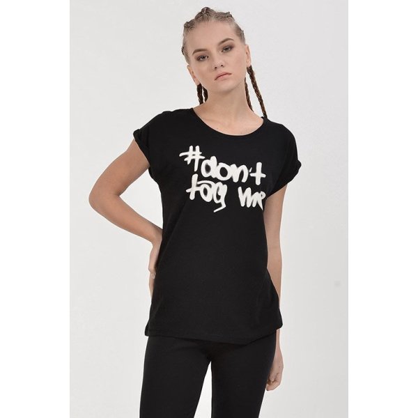 Cotton Candy #Don'T Tag Me Baskılı Kısa Kol Kadın T-Shirt - Siyah