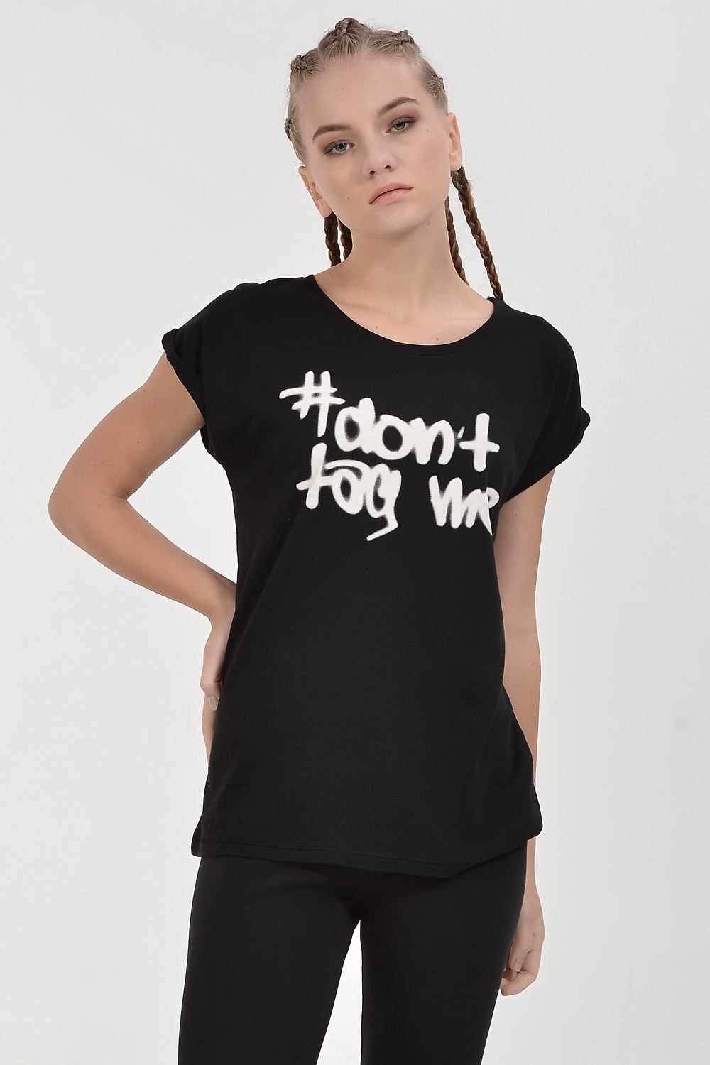Cotton Candy #Don'T Tag Me Baskılı Kısa Kol Kadın T-Shirt - Siyah