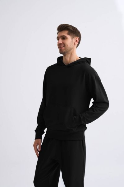 Organik Kapüşonlu Uzun Kollu Erkek Sweatshirt - Siyah