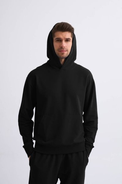 Organik Kapüşonlu Uzun Kollu Erkek Sweatshirt - Siyah