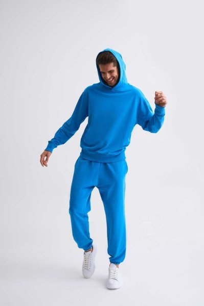 Organik Kapüşonlu Uzun Kollu Erkek Sweatshirt - Mavi