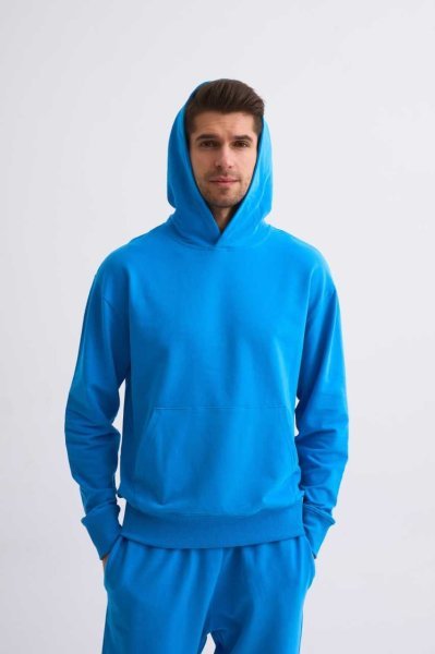 Organik Kapüşonlu Uzun Kollu Erkek Sweatshirt - Mavi