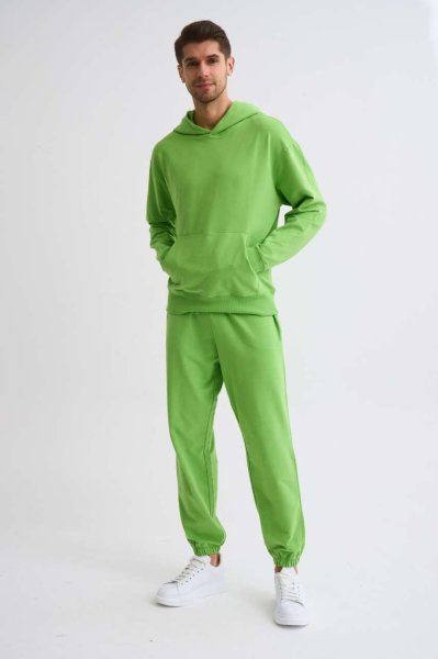 Organik Kapüşonlu Uzun Kollu Erkek Sweatshirt - Yeşil