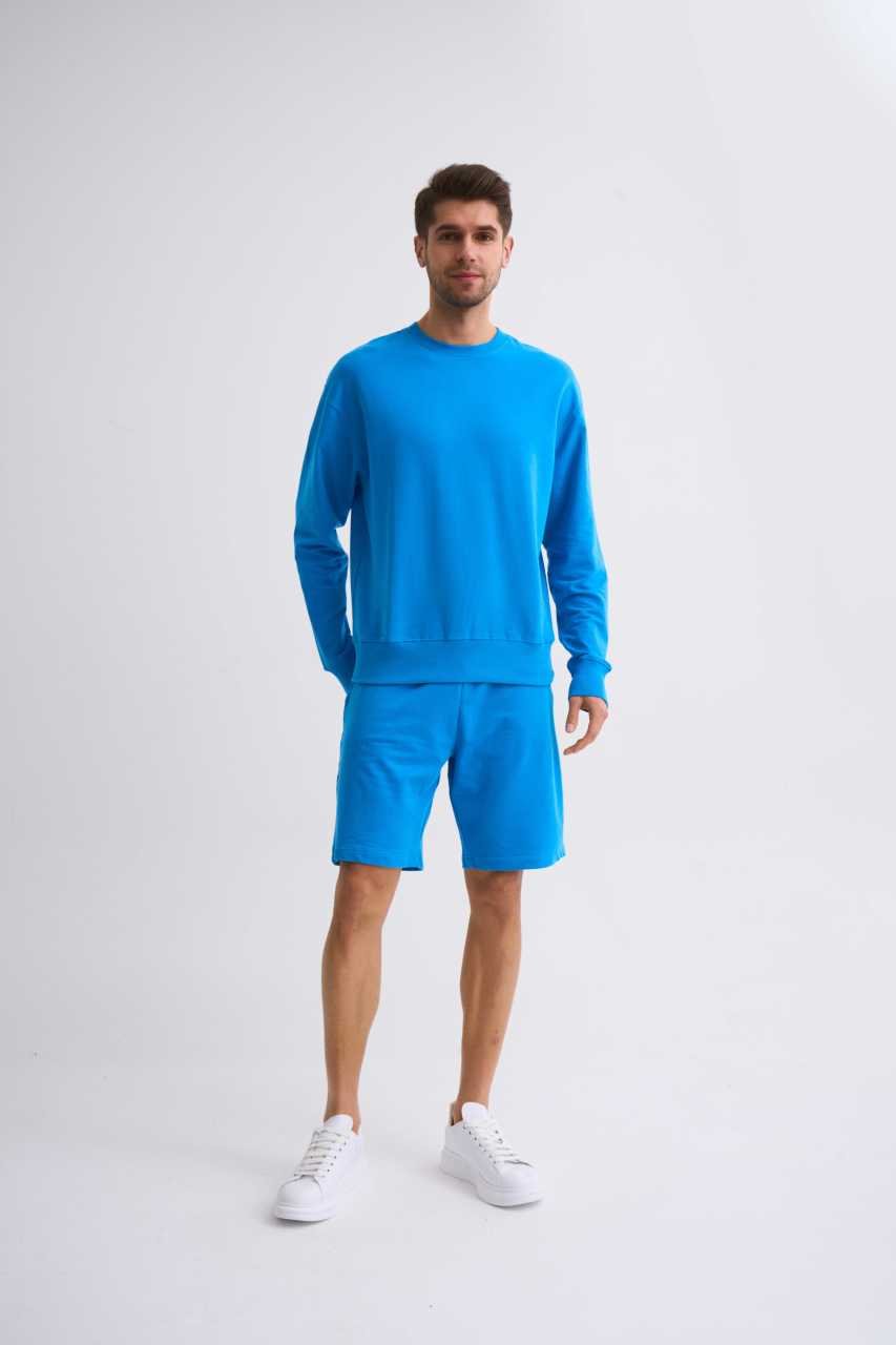 Organik Uzun Kollu Yuvarlak Yaka Erkek Sweatshirt - Mavi