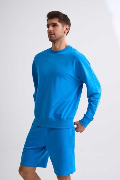 Organik Uzun Kollu Yuvarlak Yaka Erkek Sweatshirt - Mavi