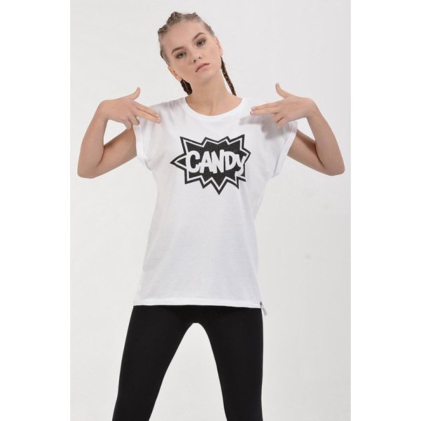 Cotton Candy Taşlı Candy Baskılı Kısa Kol Kadın T-Shirt - Beyaz