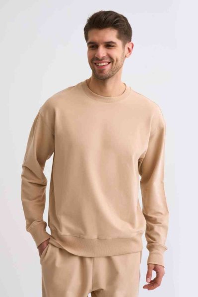 Organik Uzun Kollu Yuvarlak Yaka Erkek Sweatshirt - Bej