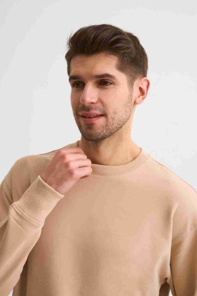 Organik Uzun Kollu Yuvarlak Yaka Erkek Sweatshirt - Bej