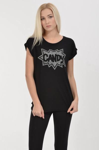Cotton Candy Taşlı Candy Baskılı Kısa Kol Kadın T-Shirt - Siyah