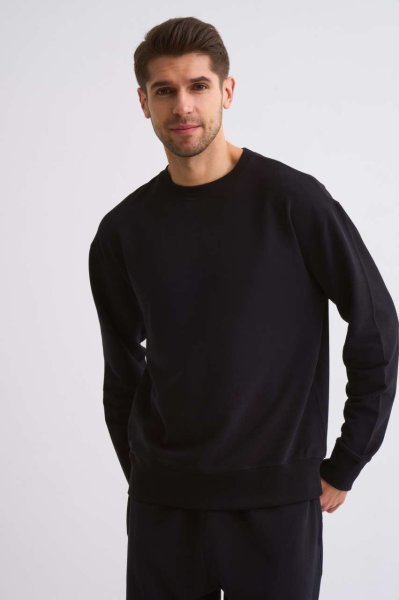 Organik Uzun Kollu Yuvarlak Yaka Erkek Sweatshirt - Siyah