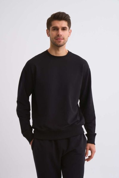 Organik Uzun Kollu Yuvarlak Yaka Erkek Sweatshirt - Siyah
