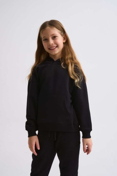 Organik Kapüşonlu Uzun Kollu Kız Çocuk Sweatshirt - Siyah