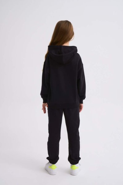 Organik Kapüşonlu Uzun Kollu Kız Çocuk Sweatshirt - Siyah
