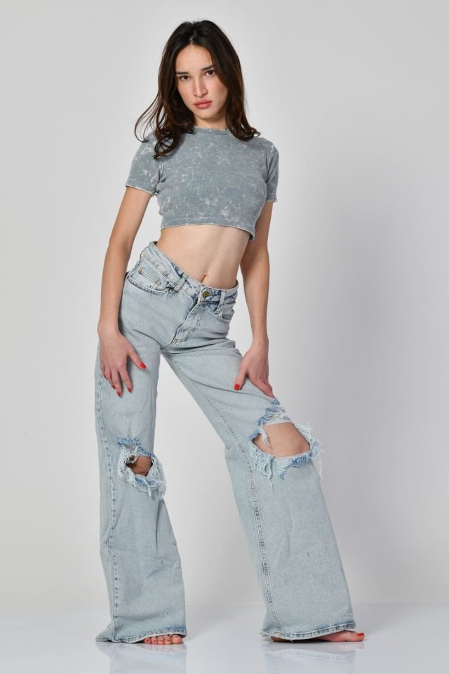 Lefon Yıkamalı Kısa Kollu Crop Tişört  - Mavi