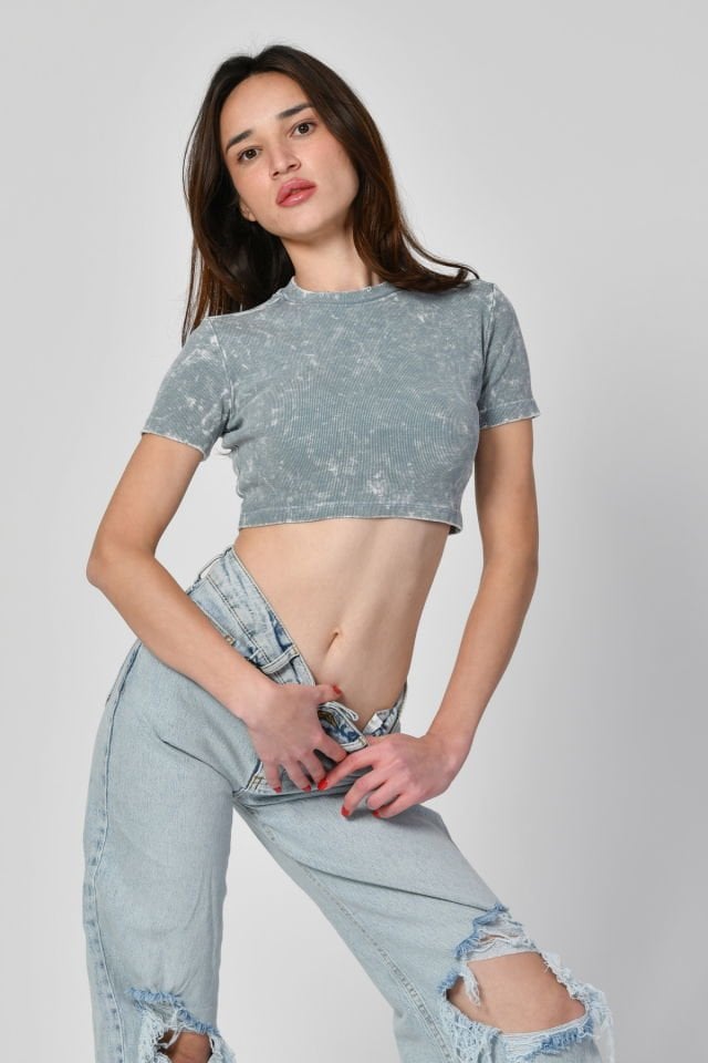 Lefon Yıkamalı Kısa Kollu Crop Tişört  - Mavi