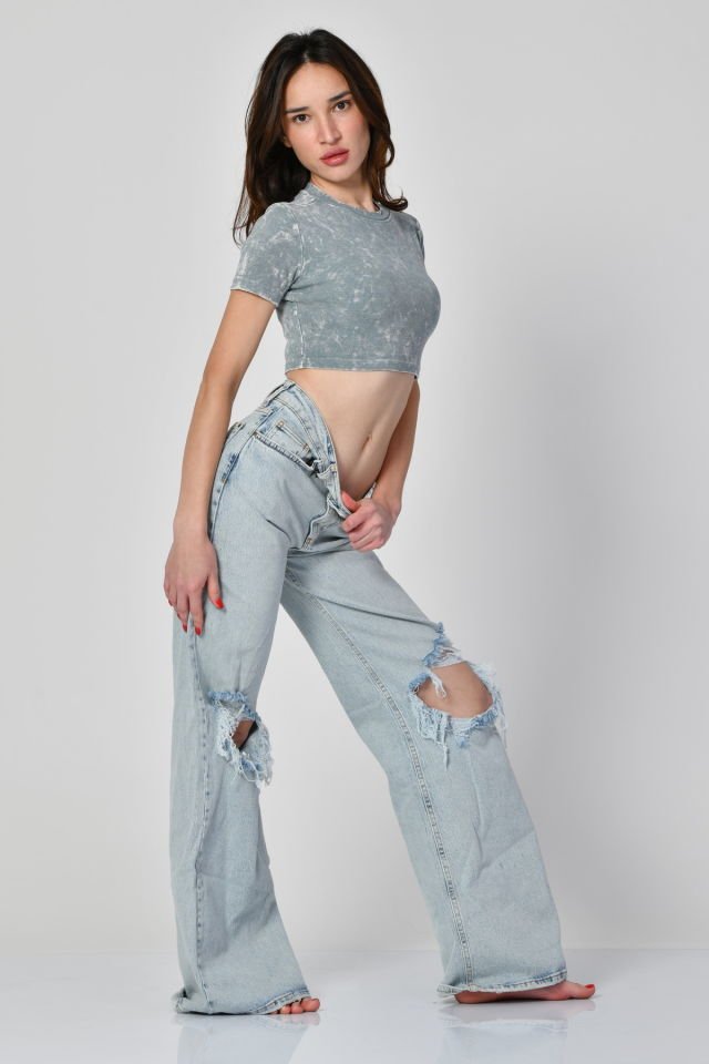 Lefon Yıkamalı Kısa Kollu Crop Tişört  - Mavi