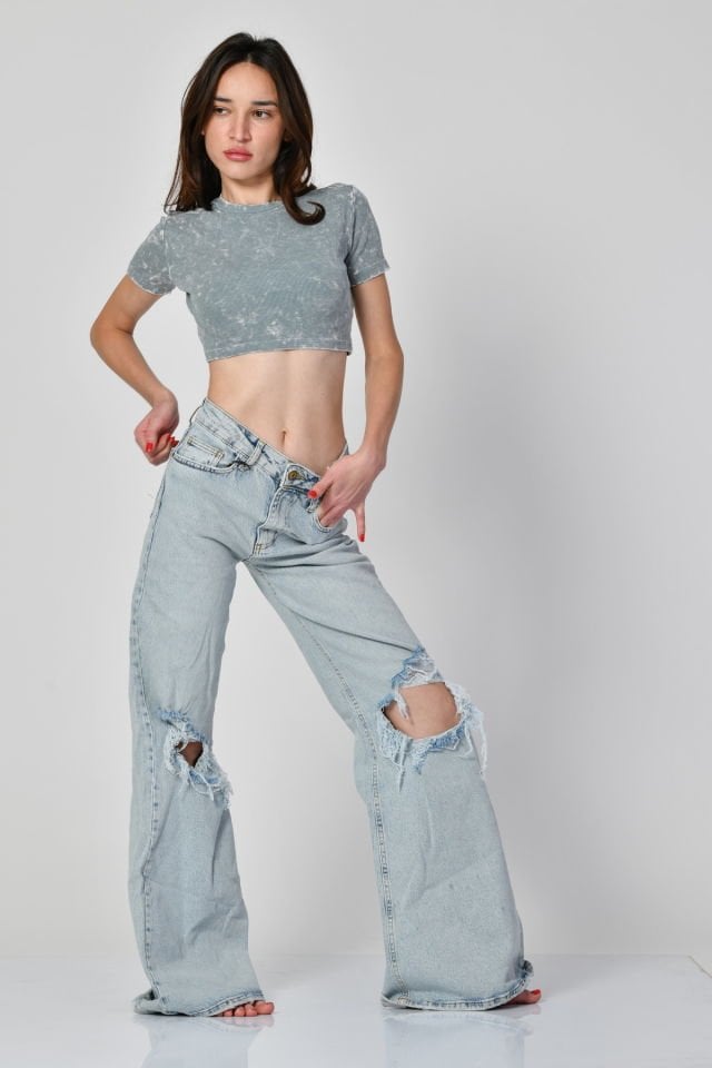 Lefon Yıkamalı Kısa Kollu Crop Tişört  - Mavi