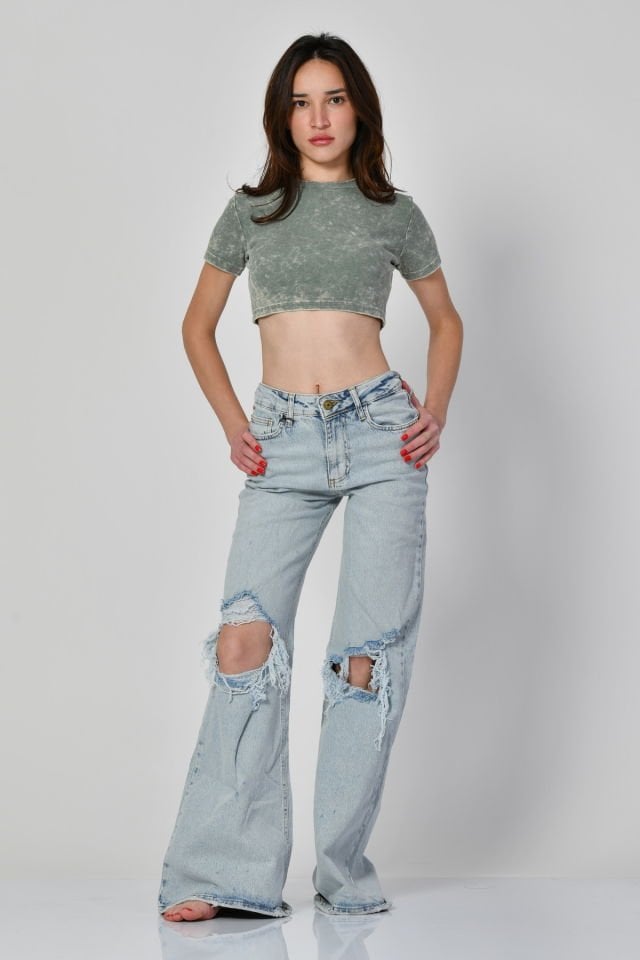 Lefon Yıkamalı Kısa Kollu Crop Tişört  - Yeşil