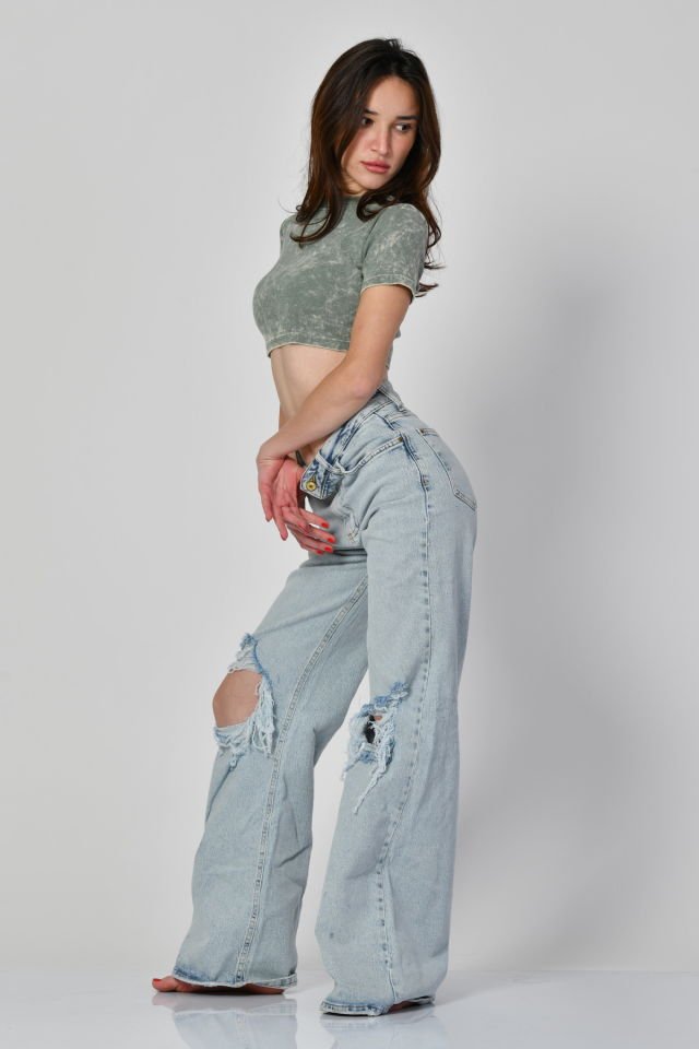 Lefon Yıkamalı Kısa Kollu Crop Tişört  - Yeşil